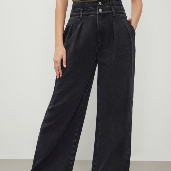 NEW * DOUBLE WAIST SOLID BUTTON WIDE LEG JEANS XL - Picture 1 of 6